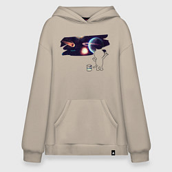 Толстовка-худи оверсайз Котик рисует космос, цвет: миндальный