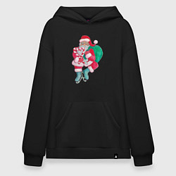 Толстовка-худи оверсайз Санта Клаус с мешком подарков на коньках, цвет: черный