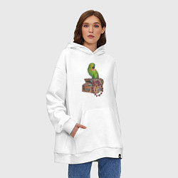 Толстовка-худи оверсайз Зеленый попугай на сундуке с сокровищами, цвет: белый — фото 2