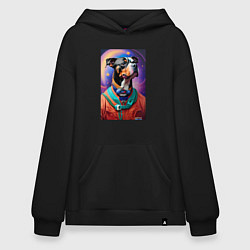 Толстовка-худи оверсайз Питбуль космонавт - нейросеть, цвет: черный