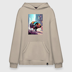 Толстовка-худи оверсайз Капибара в мегаполисе - киберпанк, цвет: миндальный