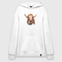 Толстовка-худи оверсайз Бык в шарфе осень, цвет: белый