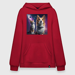 Толстовка-худи оверсайз Собака и кот в космосе, цвет: красный