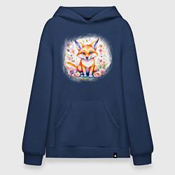 Толстовка-худи оверсайз Милый большеухий лисенок сидит в цветах, цвет: тёмно-синий