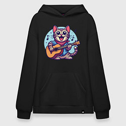 Толстовка-худи оверсайз Полосатый кот играет на гитаре, цвет: черный