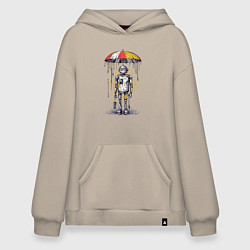 Толстовка-худи оверсайз Одинокий робот под зонтом, цвет: миндальный