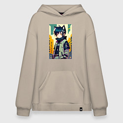 Толстовка-худи оверсайз Девочка котёнок - нейросеть, цвет: миндальный