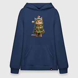 Толстовка-худи оверсайз Кот в костюме новогодней елки, цвет: тёмно-синий