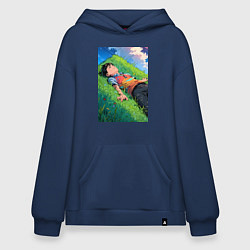 Толстовка-худи оверсайз Аниме мальчик на траве, цвет: тёмно-синий