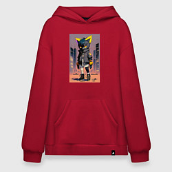 Толстовка-худи оверсайз Уличный котёнок хулиган - нейроарт, цвет: красный