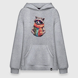 Толстовка-худи оверсайз Модный енот в очках и шарфе, цвет: меланж