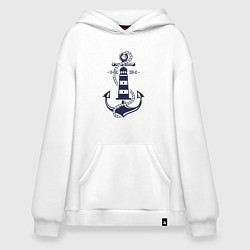Толстовка-худи оверсайз Морская эмблема - якорь и маяк, цвет: белый