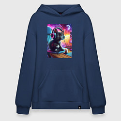 Толстовка-худи оверсайз Котёнок в наушниках и мышка, цвет: тёмно-синий