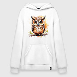 Толстовка-худи оверсайз Акварельная сова, цвет: белый