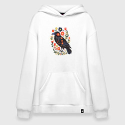 Толстовка-худи оверсайз Ворона в цветах фолк арт, цвет: белый