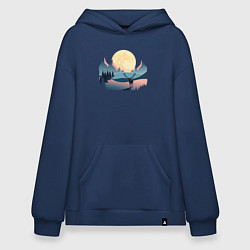 Толстовка-худи оверсайз Горы, луна и олень, зимний пейзаж, цвет: тёмно-синий
