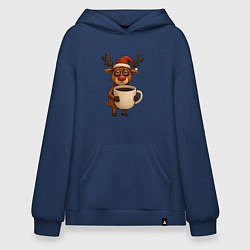 Толстовка-худи оверсайз Уставший олень с кофе, цвет: тёмно-синий