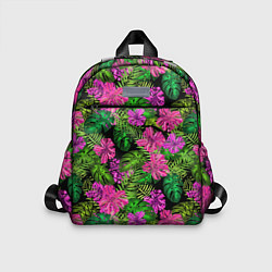Детский рюкзак Тропические листья и цветы на черном фоне