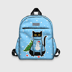 Детский рюкзак Котик в свитере под снегопадом - синий, цвет: 3D-принт