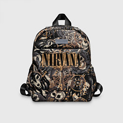 Детский рюкзак Nirvana на фоне масок викингов рун и воронов, цвет: 3D-принт