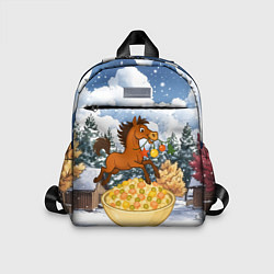 Детский рюкзак Новогодняя лошадка прыгает через оливье, цвет: 3D-принт