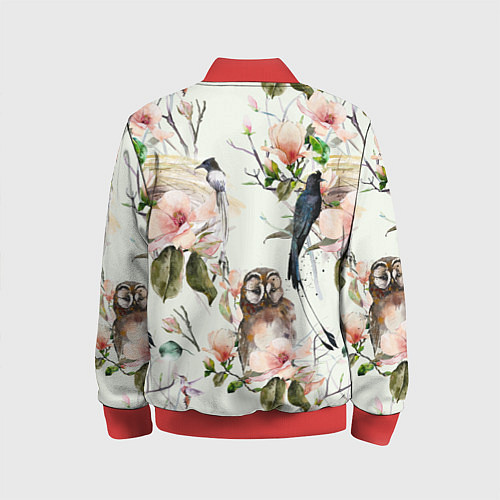 Детский бомбер Цветы Нарисованные Магнолии и Птицы / 3D-Красный – фото 2