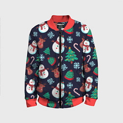Бомбер детский Снеговички с рождественскими оленями и елками, цвет: 3D-красный