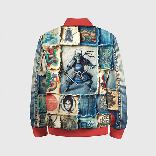 Детский бомбер Самураи на пэчворк дениме / 3D-Красный – фото 2