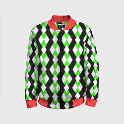 Бомбер детский Зелёные и белые ромбы на чёрном фоне, цвет: 3D-красный