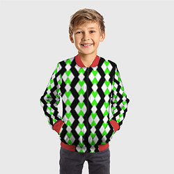 Бомбер детский Зелёные и белые ромбы на чёрном фоне, цвет: 3D-красный — фото 2