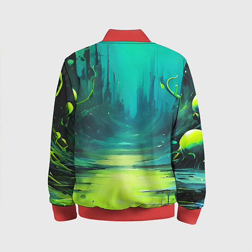 Детский бомбер Зелёная кислотная абстракция / 3D-Красный – фото 2