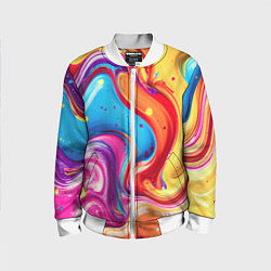 Бомбер детский Смесь красно-жёлто-голубых масляных красок абстрак, цвет: 3D-белый