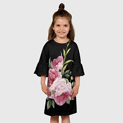 Платье клеш для девочки Пионы на чёрном, цвет: 3D-принт — фото 2