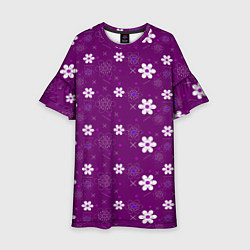 Платье клеш для девочки Узор цветы на фиолетовом фоне, цвет: 3D-принт