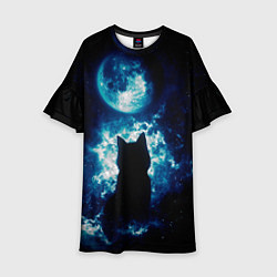 Платье клеш для девочки Кот силуэт луна ночь звезды, цвет: 3D-принт