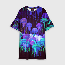 Платье клеш для девочки Неоновые медузы, цвет: 3D-принт