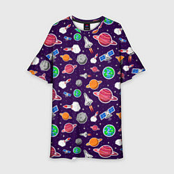 Платье клеш для девочки Корабли, планеты и спутники, цвет: 3D-принт