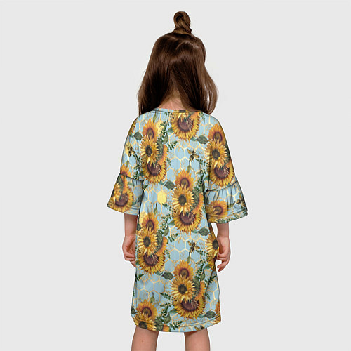 Детское платье Подсолнухи и пчёлы на голубом / 3D-принт – фото 4