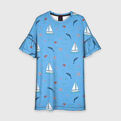Платье клеш для девочки Море, дельфины, парусник, цвет: 3D-принт