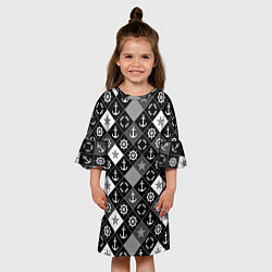 Платье клеш для девочки Черно-белый морской плед, цвет: 3D-принт — фото 2