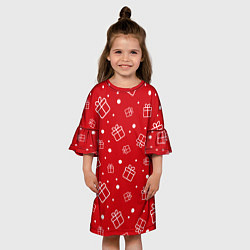 Платье клеш для девочки Новогодние подарки на красном фоне, цвет: 3D-принт — фото 2