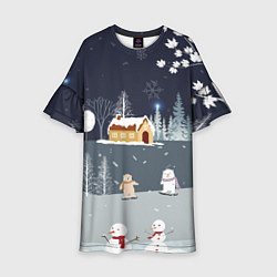 Платье клеш для девочки Снеговики и Мишки 2022, цвет: 3D-принт