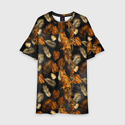 Платье клеш для девочки Тигры и листья Тропики, цвет: 3D-принт
