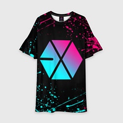 Платье клеш для девочки EXO BAND NEON LOGO НЕОНОВЫЕ БРЫЗГИ КРАСОК, цвет: 3D-принт