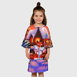 Платье клеш для девочки Тигр на фоне новогоднего домика, цвет: 3D-принт — фото 2