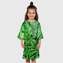 Платье клеш для девочки Тропические листья на темном фоне, цвет: 3D-принт — фото 2