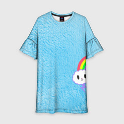 Детское платье Облачко на голубом мехе с радугой парная