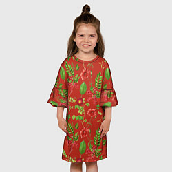 Платье клеш для девочки Паттерн из листьев на красном фоне, цвет: 3D-принт — фото 2