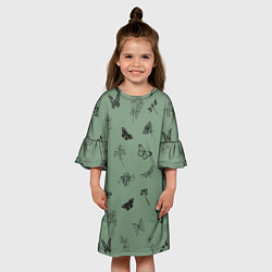 Платье клеш для девочки Цветочки и бабочки на зеленом фоне, цвет: 3D-принт — фото 2
