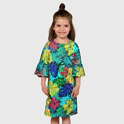 Платье клеш для девочки Тропические растения на бирюзовом фоне, цвет: 3D-принт — фото 2